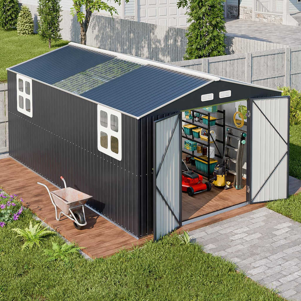 WACASA 10x16 FT Metal Shed with Base Frame Floor Kit | Heavy-Duty Military-Grade 20-Gauge Reinforced Frame with Powder Coating | 50 PSF Snow Load & 120 MPH Wind Rated | Skylight Tiny House Building