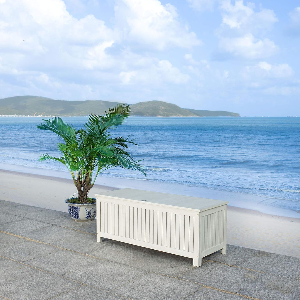 SAFAVIEH Outdoor - Abri Cushion Storage Box - White Washed Solid Wood - Coastal Resort Storage Bench Design - Ideal for Patio, Deck, Porch, Backyard, 18' W x 47' D x 19' H (PAT7037C)