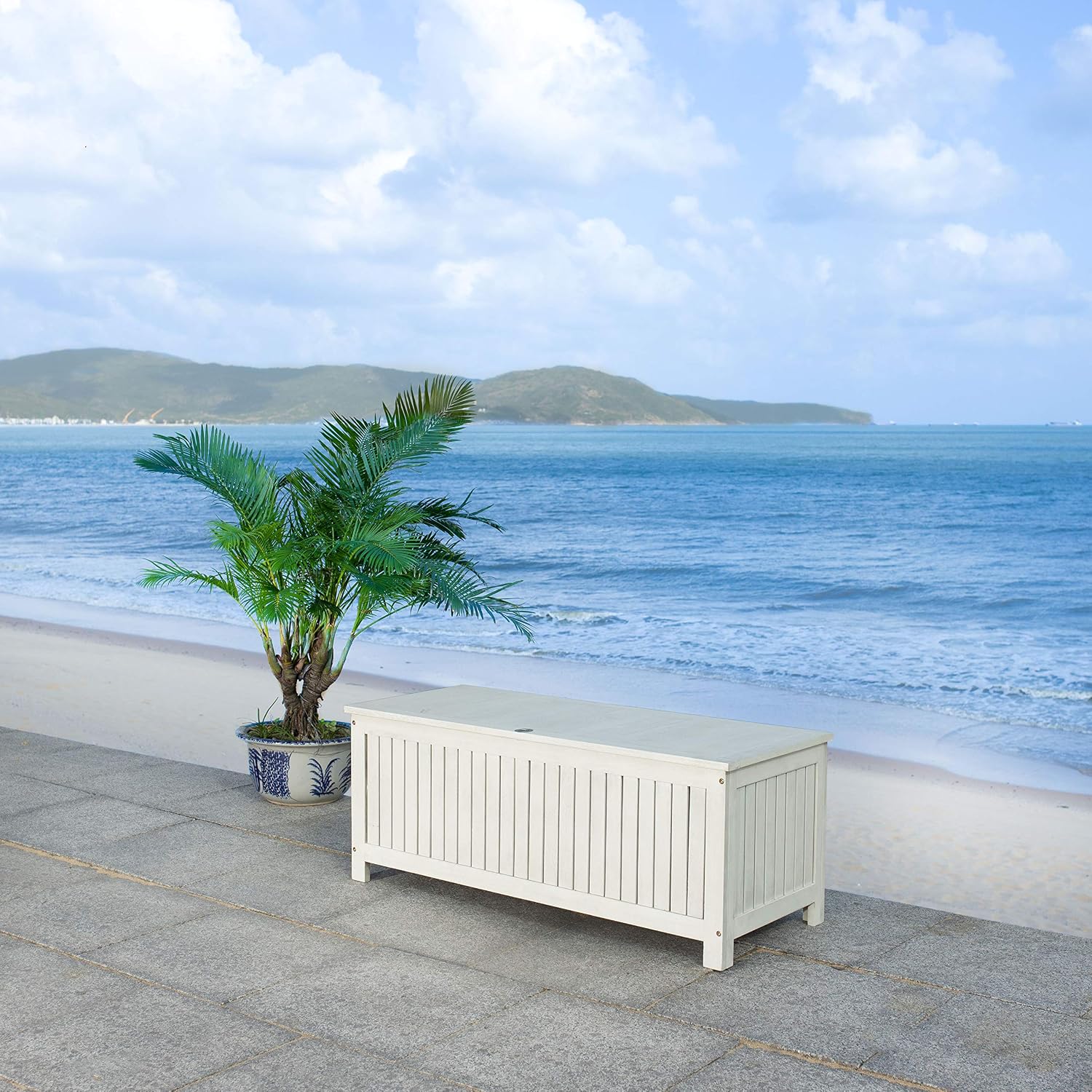 SAFAVIEH Outdoor - Abri Cushion Storage Box - White Washed Solid Wood - Coastal Resort Storage Bench Design - Ideal for Patio, Deck, Porch, Backyard, 18' W x 47' D x 19' H (PAT7037C)