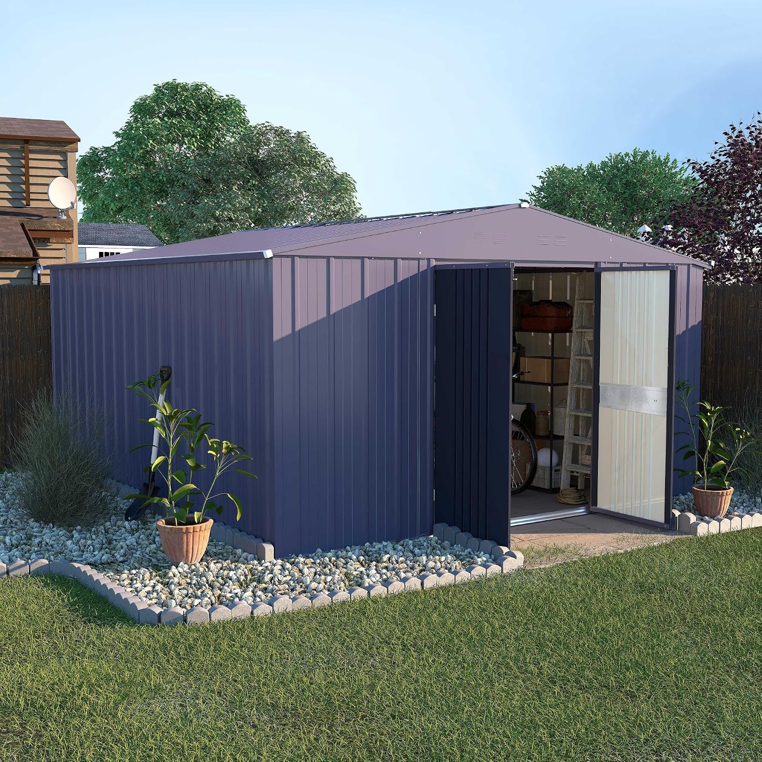 MUPATER Storage Shed 10' x12' for Outdoor, Metal Shed Kit with Lockable Doors and Vents, Patio Tool Shed House for Backyard, Garden, Lawn, Grey