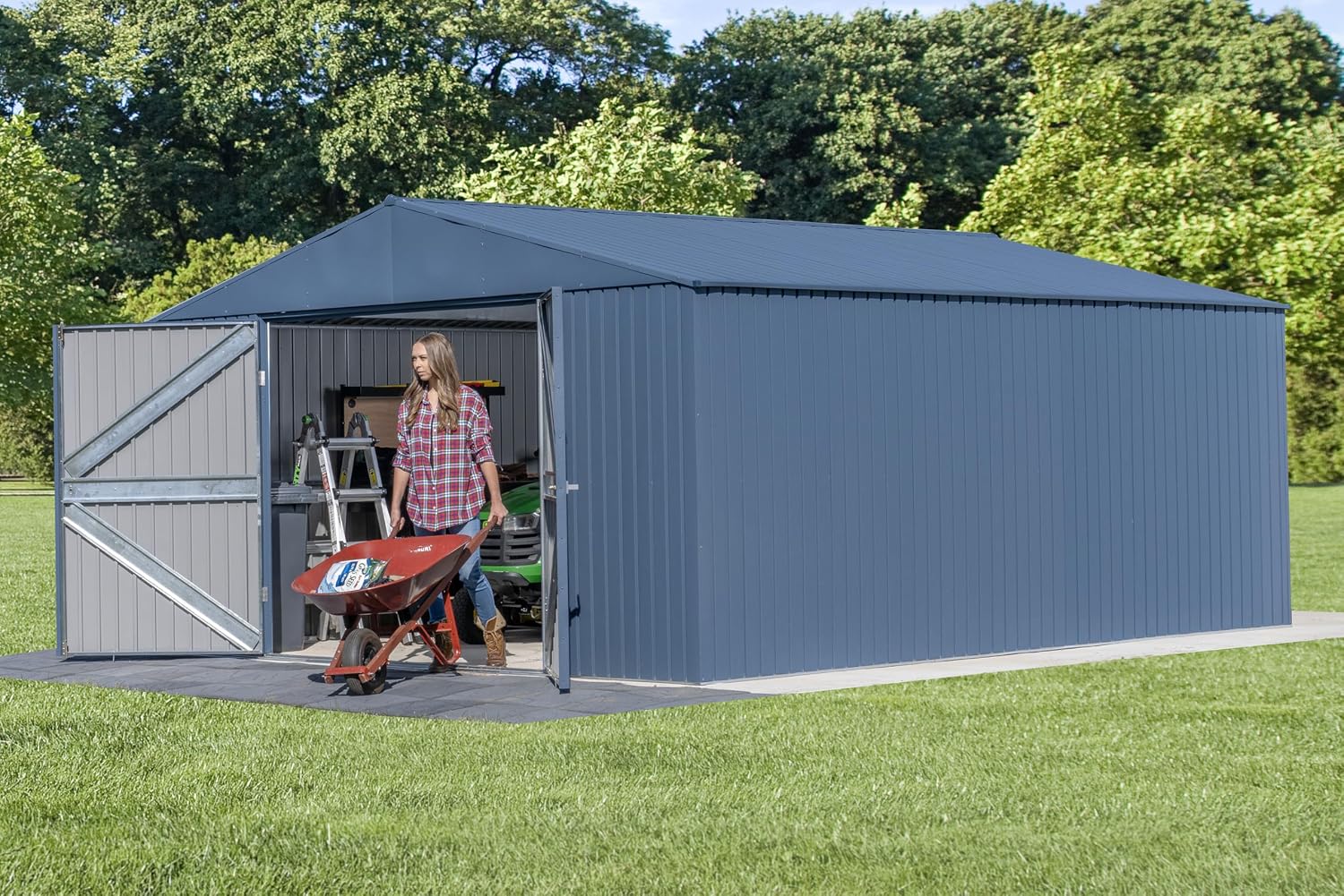 Arrow Shed Elite 14' x 16' Tall Outdoor Steel Storage Shed with High Gable and Lockable Doors Storage Building, Blue Grey