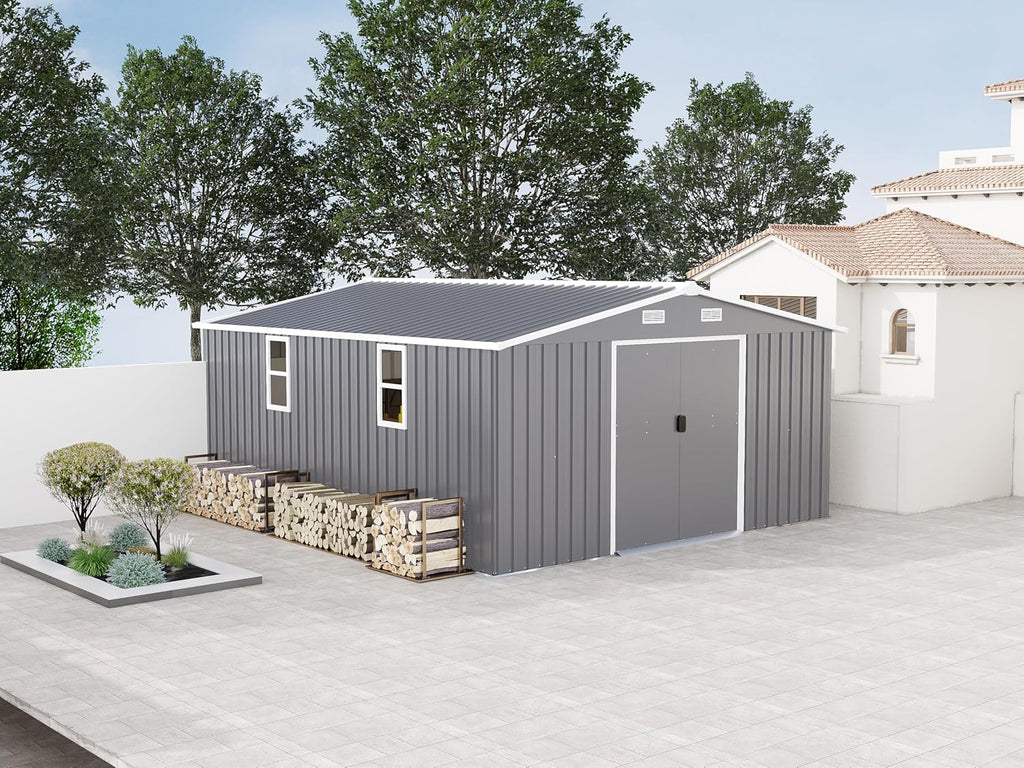 10x12 FT Outdoor Storage Shed, Large Metal Garden Shed with 2 Windows, Outside Tool Sheds with Lockable Sliding Doors, Waterproof Storage Building with 4 Air Vents for Backyard, Patio, Lawn, Dark Gray