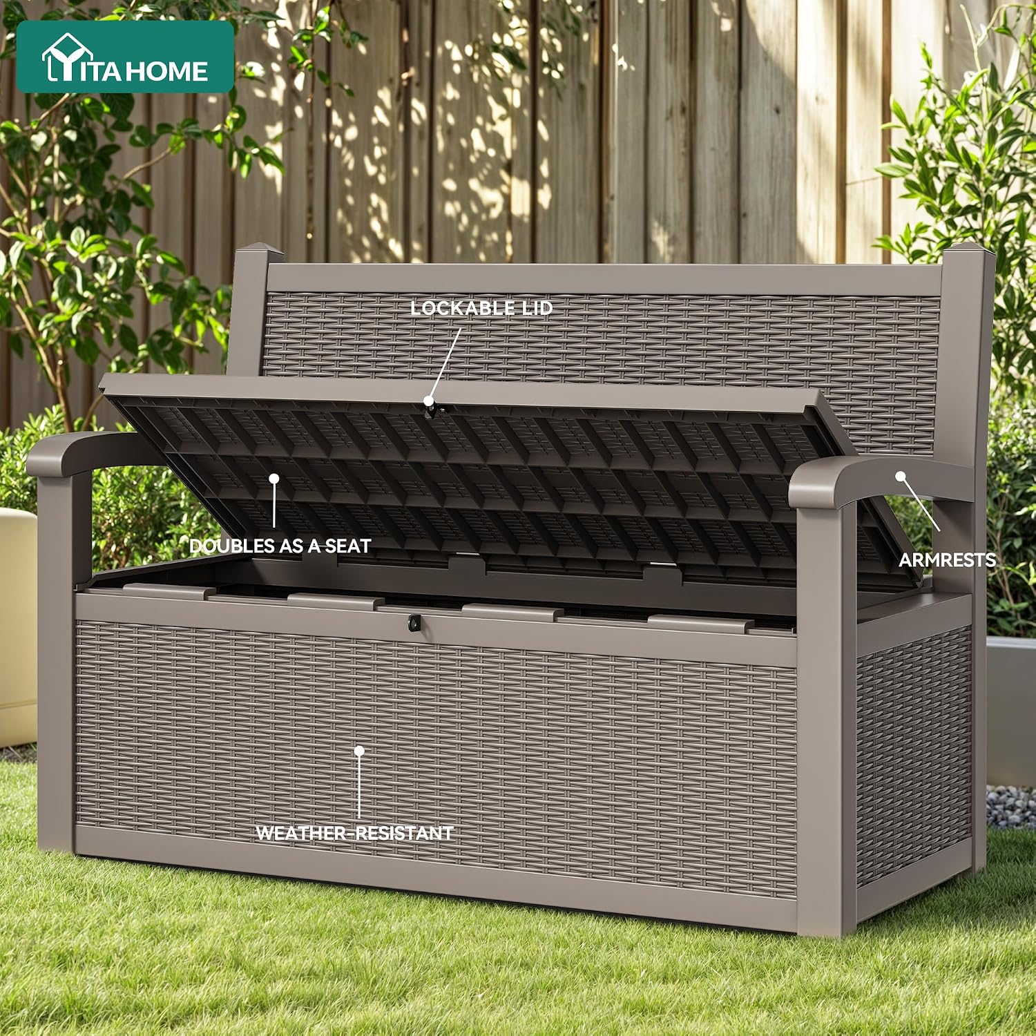 YITAHOME 70 Gallon Deck Bench with Storage, Outdoor Storage Box Bench with Armrests for Patio Garden Pool Porch, Waterproof&Lockable, Light Brown