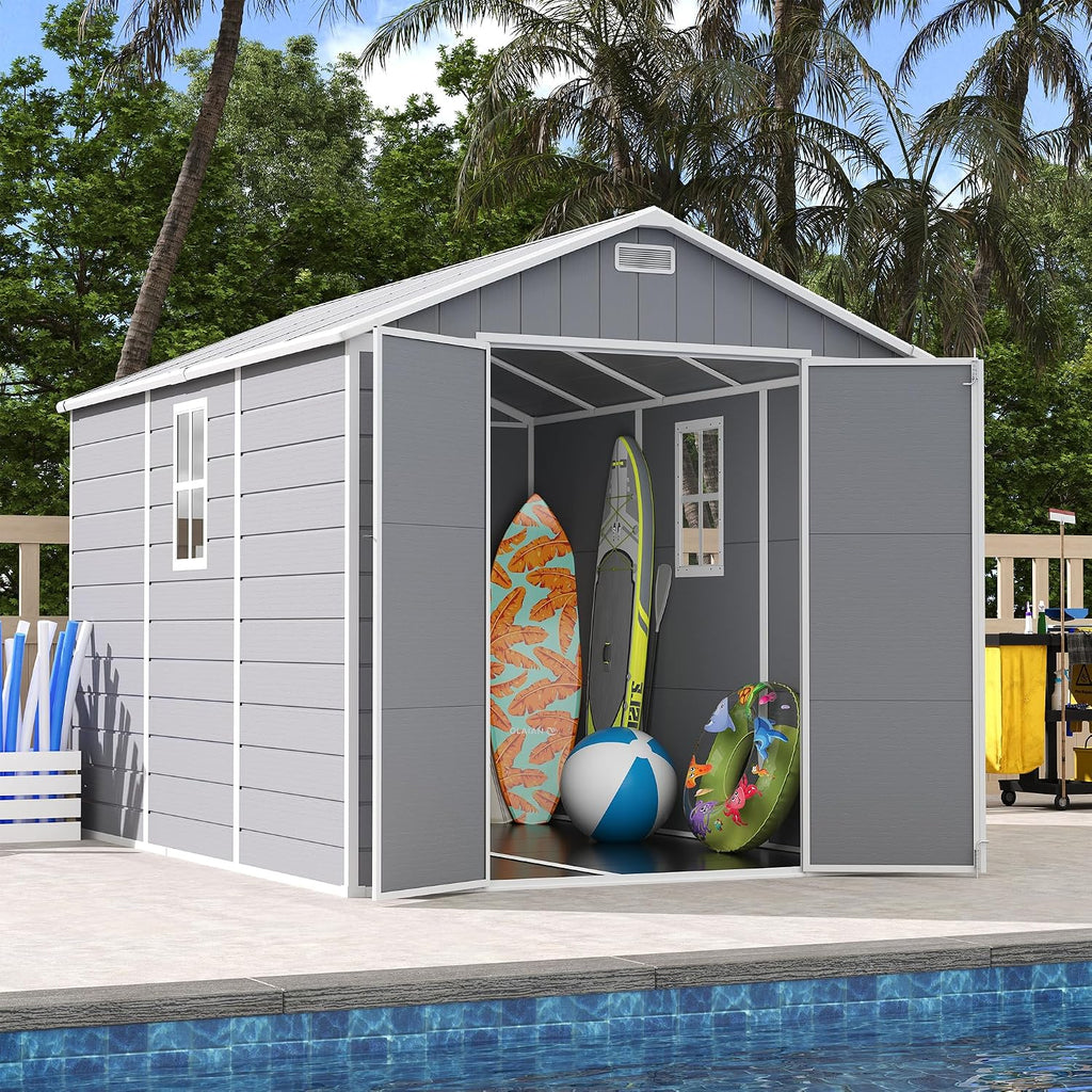 UDPATIO Storage Shed 8 x 10 FT, Resin Sheds & Outdoor Storage with Floor Large Clearance Outdoors Plastic Garden Tool Shed Tuff Outside Cottage Shed with Lockable Door for Bike, Garbage Gray White