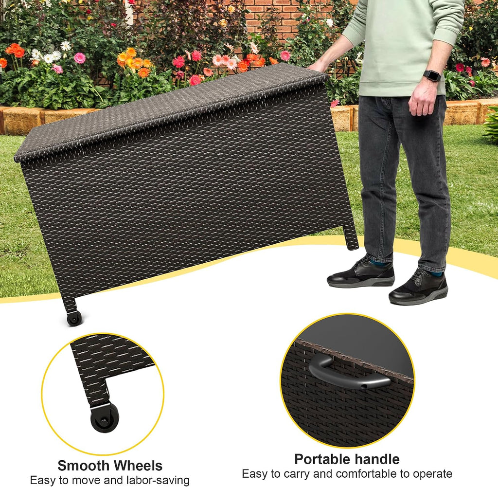 Large Deck Box Waterproof PE Rattan Outdoor Storage Box with Handles and Wheels, Storage Bin for Garden, Balcony, Porch, Pool, Yard (Brown, 125 Gallon)