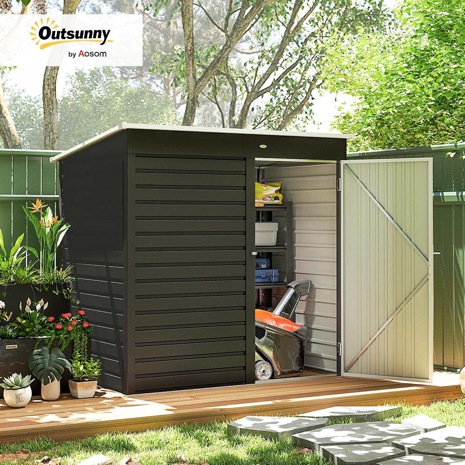 Outsunny 6' x 4' Outdoor Storage Shed, Easy to Assemble, Metal Garden Tool Shed with Lockable Door and Gloves for Backyard Garden Patio Lawn, Dark Gray