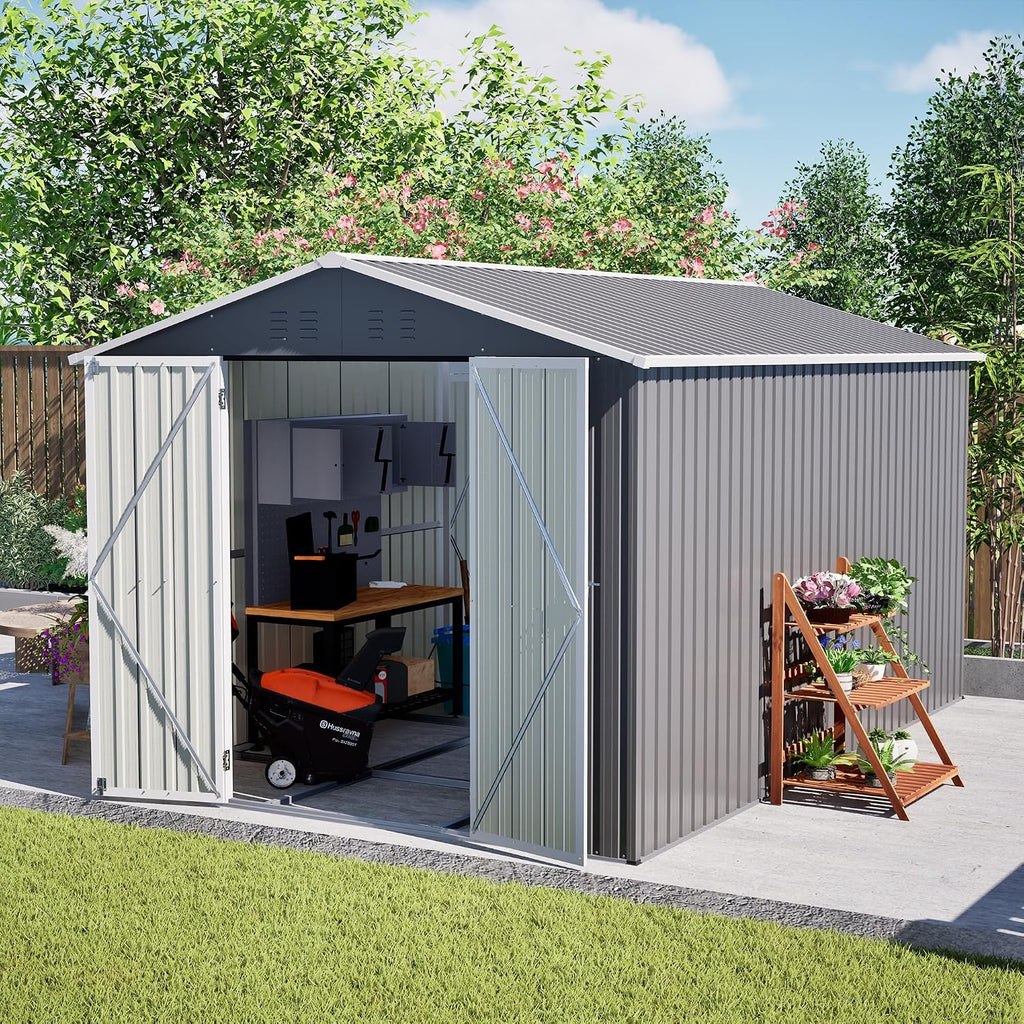 8x12 FT Outdoor Storage Shed, Utility Metal Tool Storage with Lockable Doors,Galvanized Steel FrameStructure, Metal Garden Shed for Backyard, Patio,Lawn