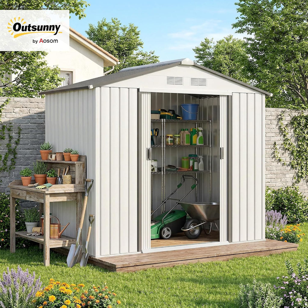 Outsunny 7' x 4' Outdoor Storage Shed, Garden Tool Metal Shed with Foundation Kit, Double Lockable Door, Air Vents and Sloping Roof, for Backyard, Patio, Lawn, White