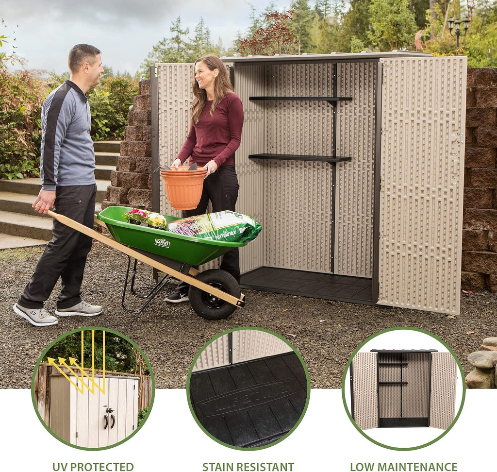 Lifetime Vertical Storage Shed, Desert Sand, Resin Outdoor Tool Shed with Lockable Doors and Weather-Resistant Panels
