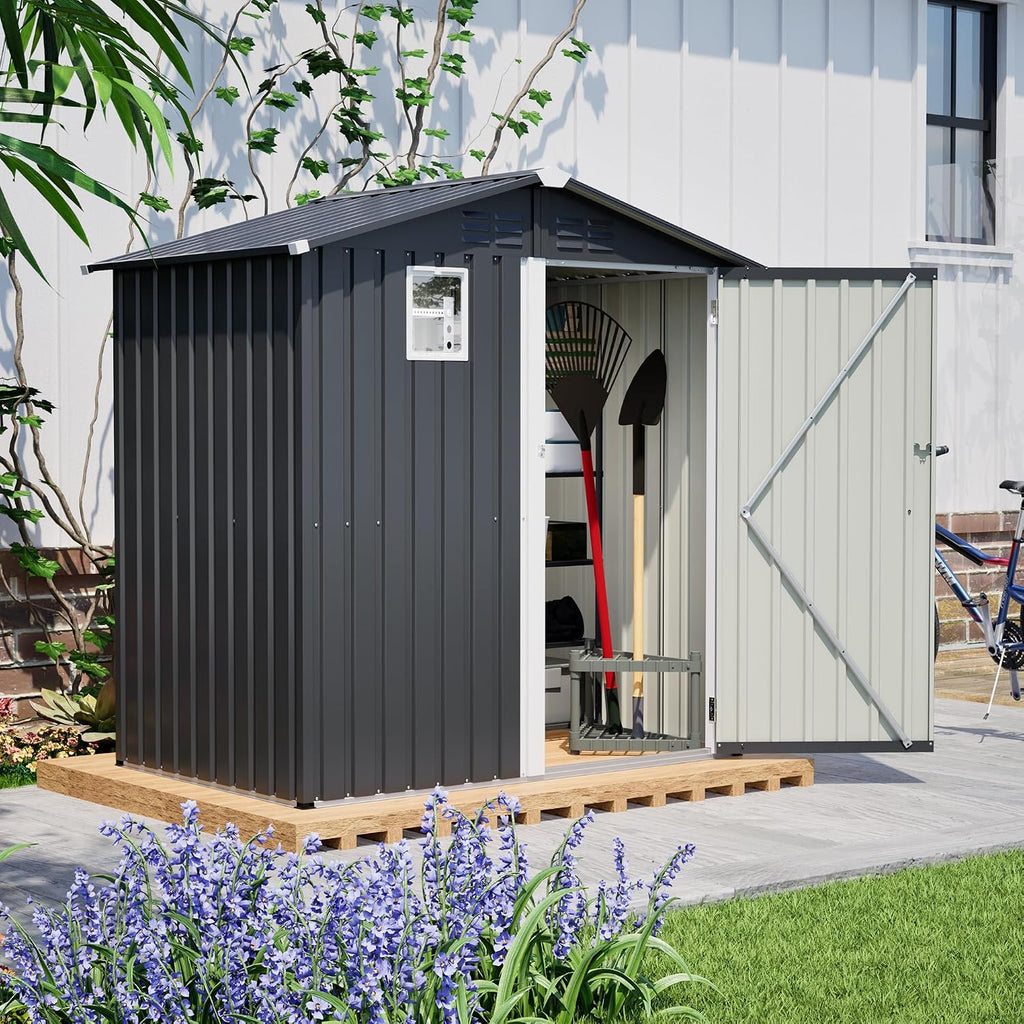 6x4ft Tool Storage Shed with Lockable Doors & Window, Metal Garden Tool Shed with Sloped Roof, Steel Outdoor Storage Shed for Garden, Patio, Garage, Backyard, Lawn - Dark Gray