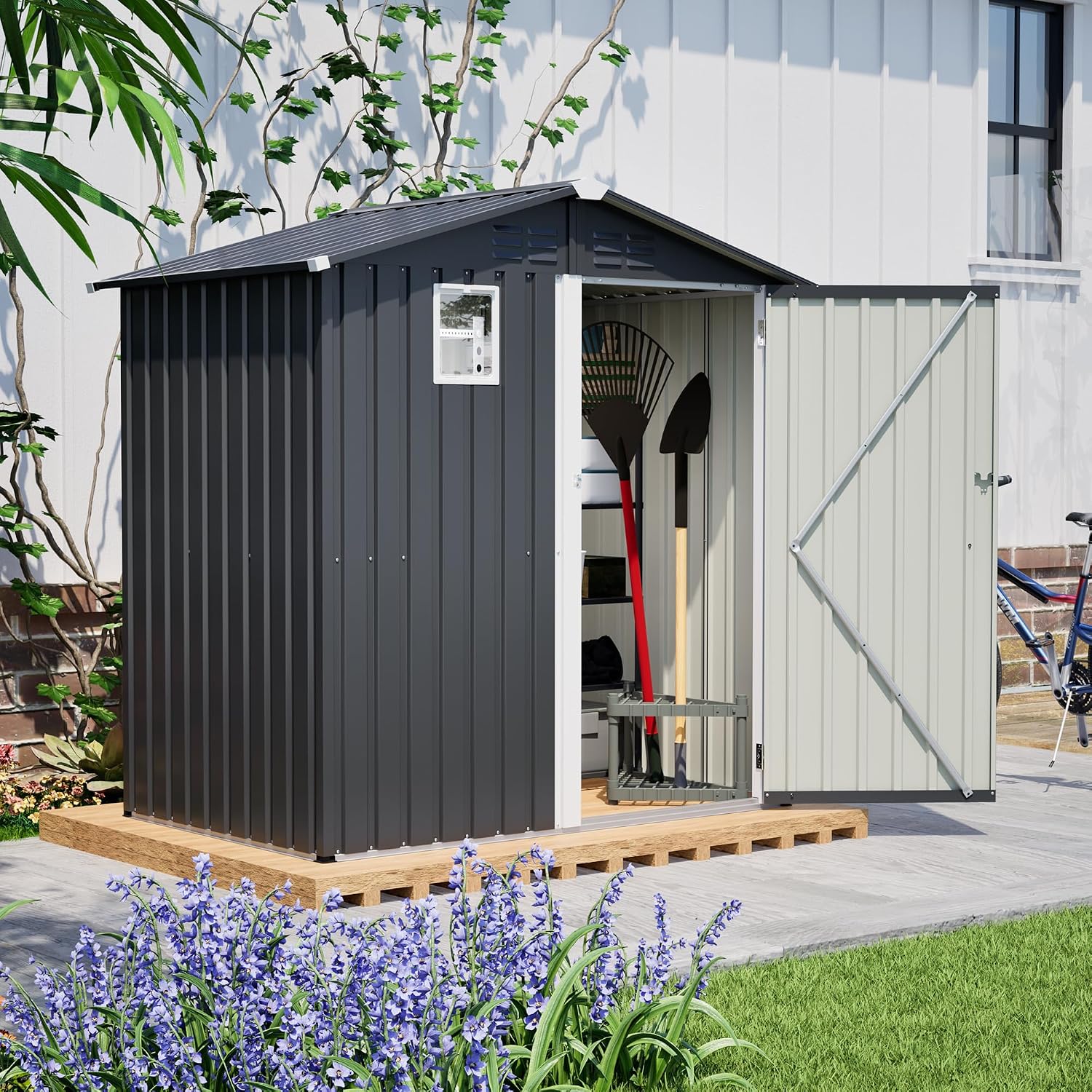 6x4ft Tool Storage Shed with Lockable Doors & Window, Metal Garden Tool Shed with Sloped Roof, Steel Outdoor Storage Shed for Garden, Patio, Garage, Backyard, Lawn - Dark Gray