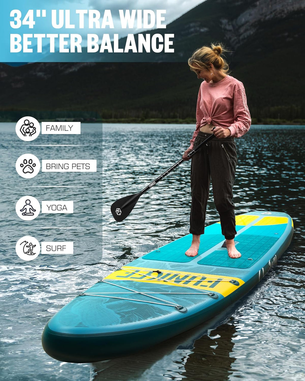 11'×34'×6' Extra Wide Inflatable Stand Up Paddle Board, Sup Board with Removable Fins, Backpack, Floating Paddle, Safety Leash, Floating Phone Case for Adults & Youth of All Skill Levels