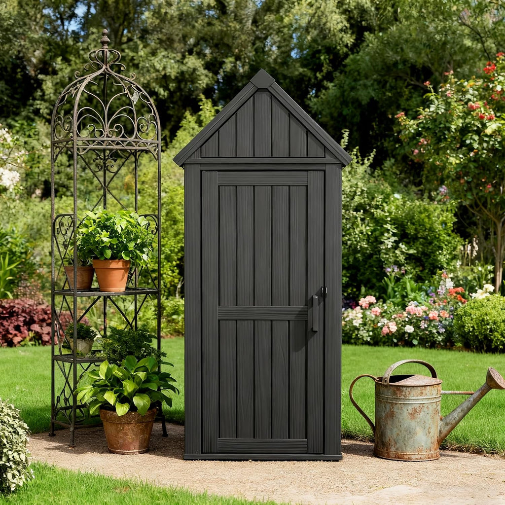 Vertical Outdoor Storage Shed, Waterproof Resin Outdoor Storage Cabinet with Removable Shelves & 12 Hooks, Lockable Small Tool Shed for Garden, Backyard, Patio, Pool, Black