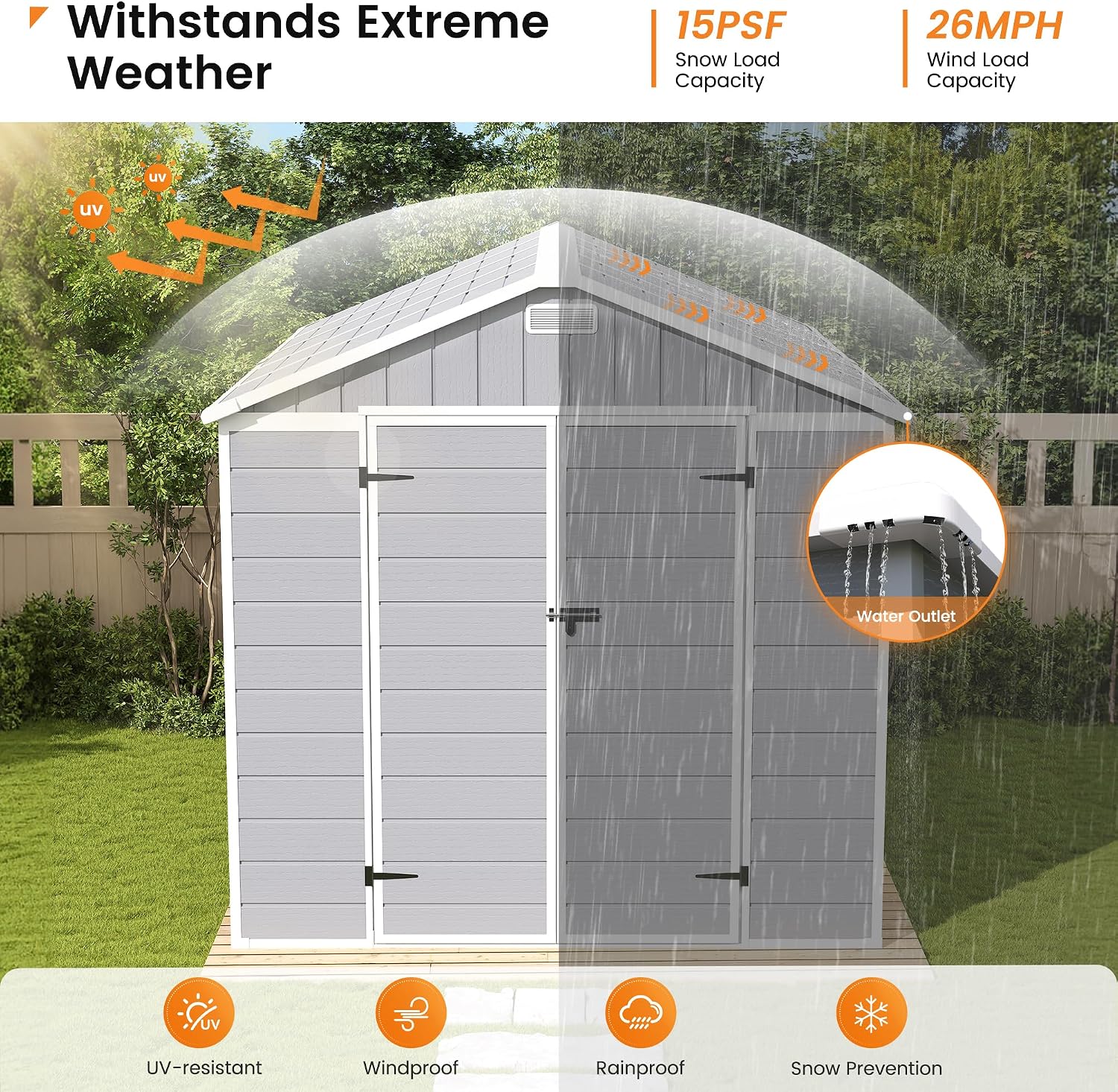 UDPATIO Storage Shed 8 x 10 FT, Resin Sheds & Outdoor Storage with Floor Large Clearance Outdoors Plastic Garden Tool Shed Tuff Outside Cottage Shed with Lockable Door for Bike, Garbage Gray White