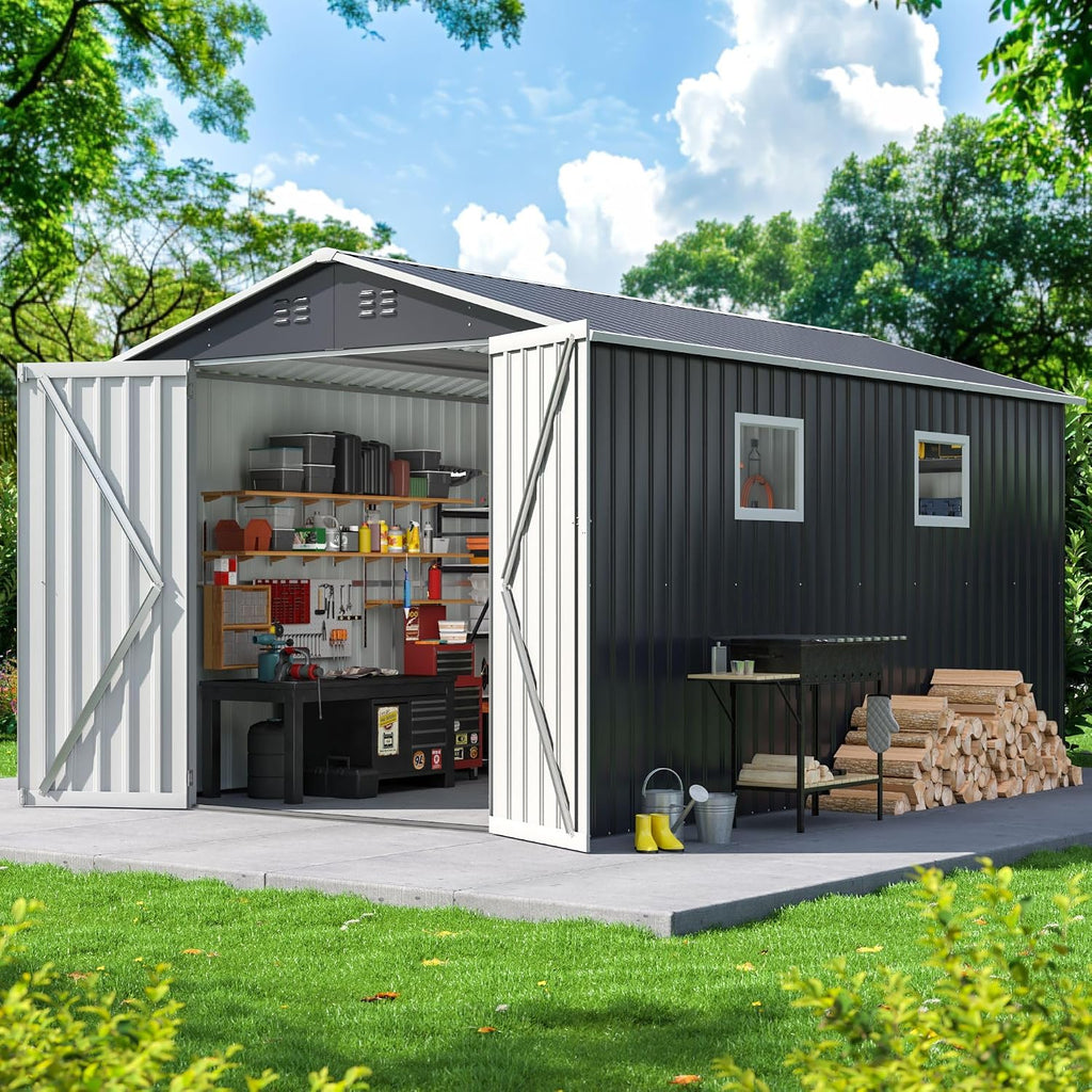 DAUSOLA 8x11.6 FT Outdoor Storage Shed, Metal Garden Tool Shed with Updated Frame Structure, Lockable Doors and Windows, Ideal for Backyard Garden Patio Lawn, Grey