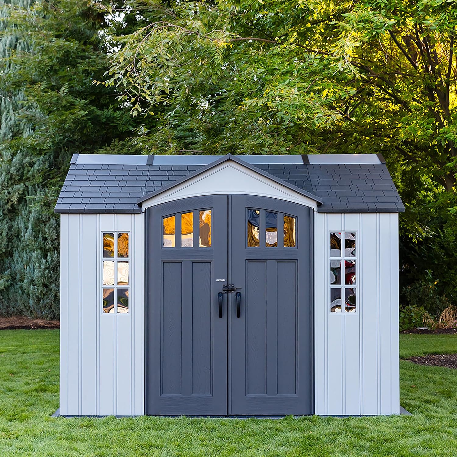 Lifetime Dual Entry Outdoor Storage Shed, 10x8 Ft, Gray, Resin Tool Shed with Double Doors