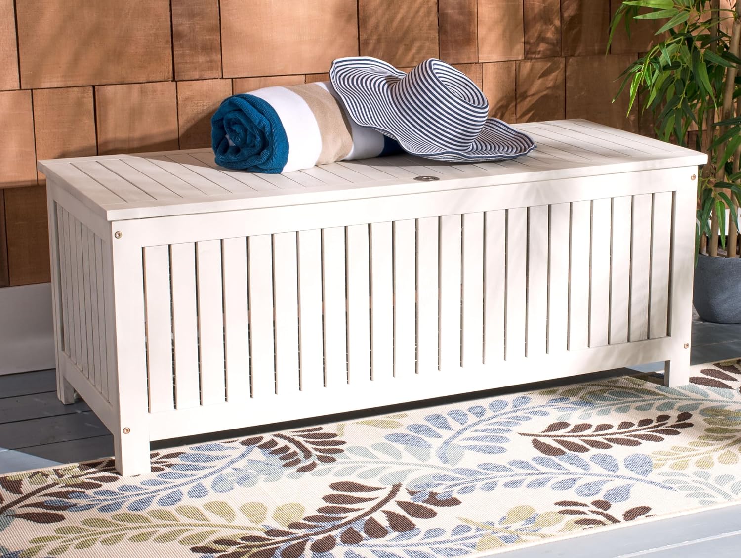 SAFAVIEH Outdoor - Abri Cushion Storage Box - White Washed Solid Wood - Coastal Resort Storage Bench Design - Ideal for Patio, Deck, Porch, Backyard, 18' W x 47' D x 19' H (PAT7037C)
