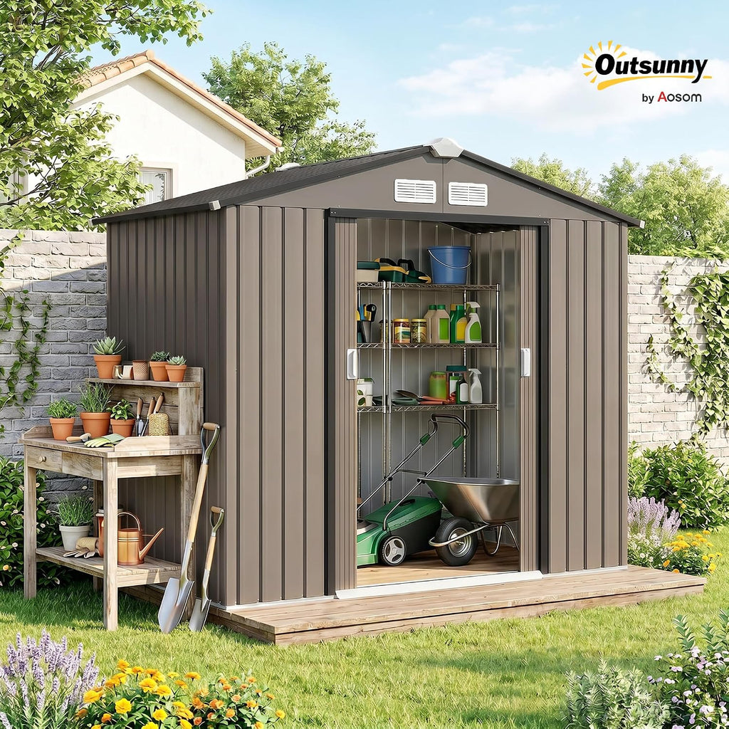 Outsunny 7' x 4' Outdoor Storage Shed, Garden Tool Metal Shed with Foundation Kit, Double Lockable Door, Air Vents and Sloping Roof, for Backyard, Patio, Lawn, Brown