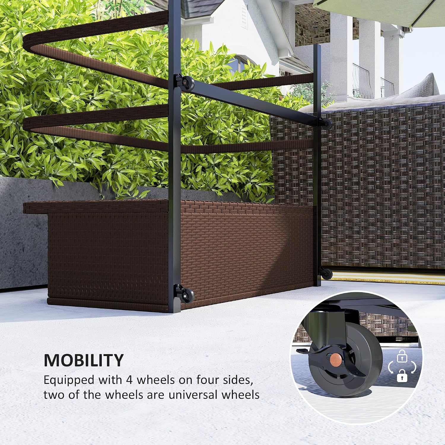 Outsunny Wicker Patio Pool Float Storage Basket, PE Rattan Outdoor Pool Caddy with Rolling Wheels for Floaties, Noodles, Life Vests, Beach Balls, Garden Furniture, Brown