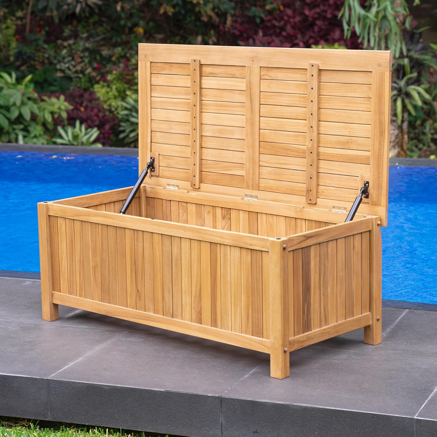 Cambridge Casual Arie 48-Inch Teak Outdoor Deck Box Storage Chest – Weather-Resistant Patio Organizer with Soft-Close Lid for Pool or Garden Storage, 49 Gallons