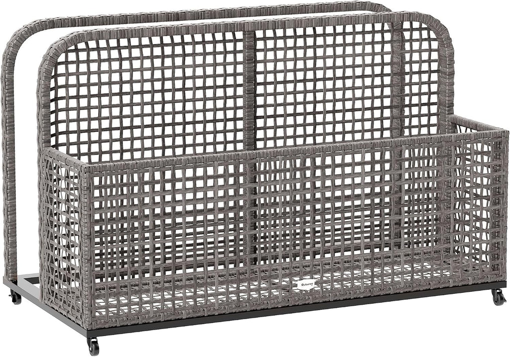 Outsunny Patio Wicker Pool Float Storage with Wheels, Outdoor Rolling PE Rattan Pool Caddy, Includes Compartment and Basket, for Pool, Garden, Deck, Light Gray
