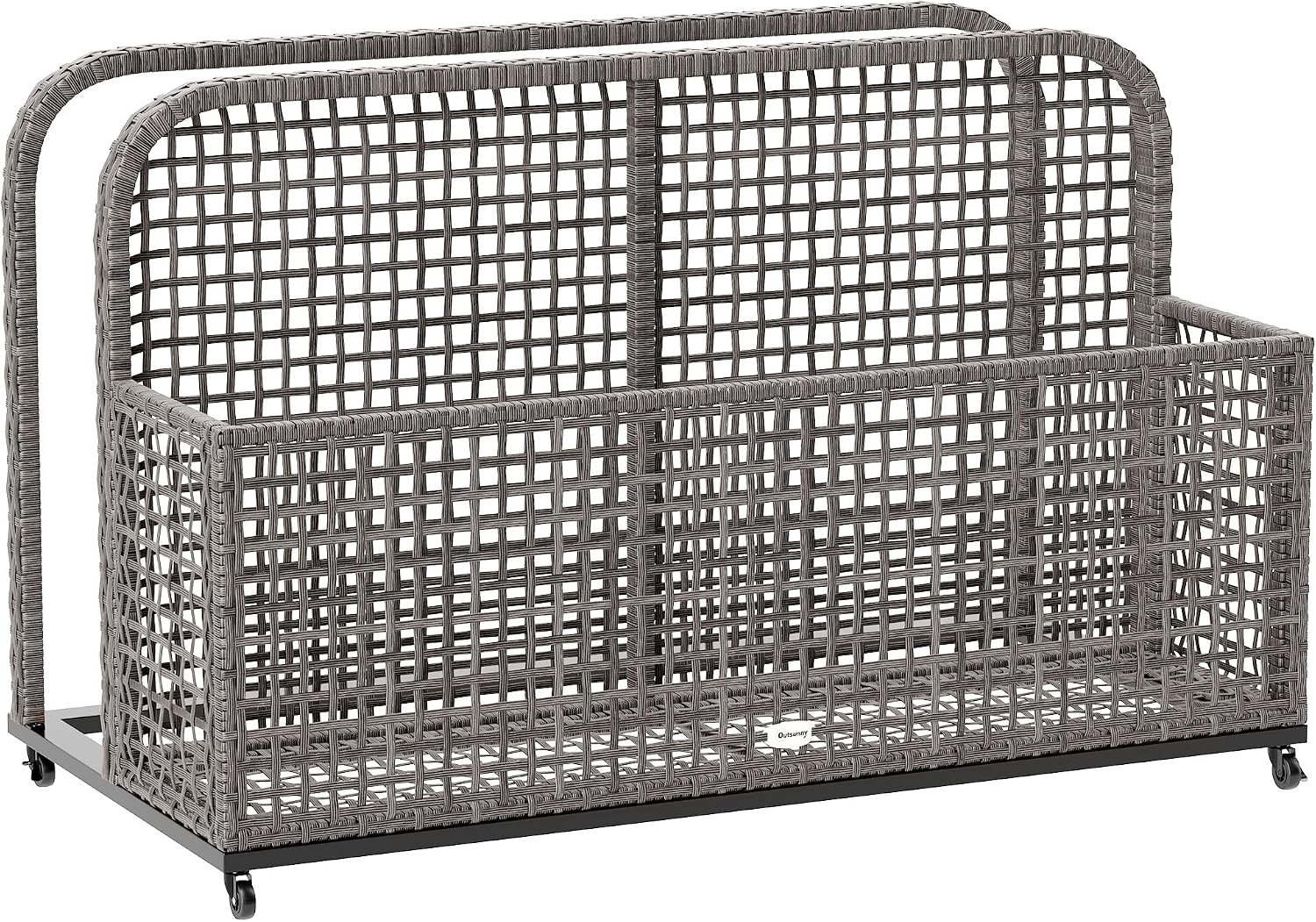 Outsunny Patio Wicker Pool Float Storage with Wheels, Outdoor Rolling PE Rattan Pool Caddy, Includes Compartment and Basket, for Pool, Garden, Deck, Light Gray