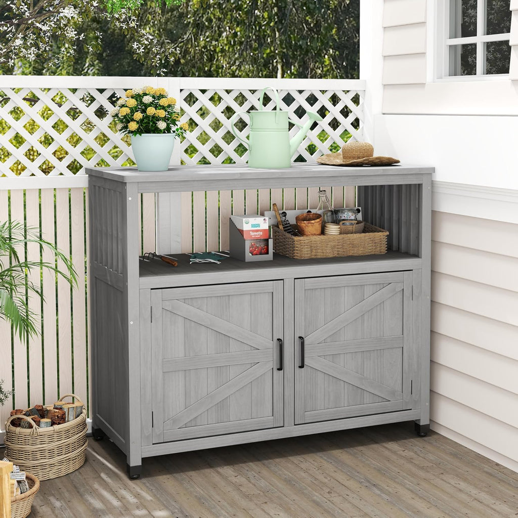 Mederlo Wooden Patio Bar Table with Storage, Cedar Outdoor Buffet Cabinet Sideboard, 42 x 18 x 37 in Serving Station with Double-Layer Tabletop for Patio, Deck, Backyard, Indoor