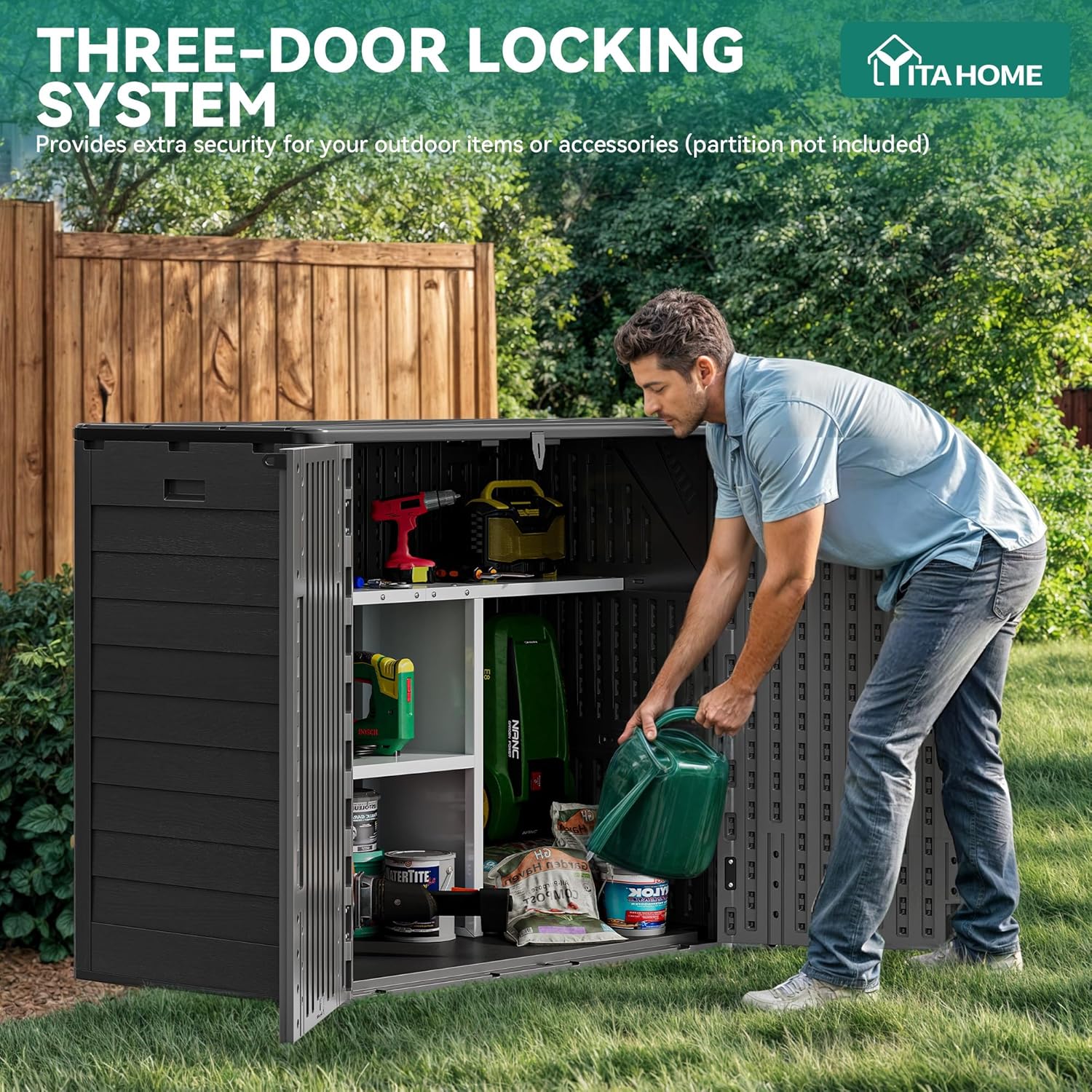 YITAHOME 30 Cu Ft Outdoor Storage Shed, Waterproof Storage Cabinet for Bike & Garden Shed, Horizontal Outdoor Storage Shed for Garage, Pool Storage, Dark Gray & Black