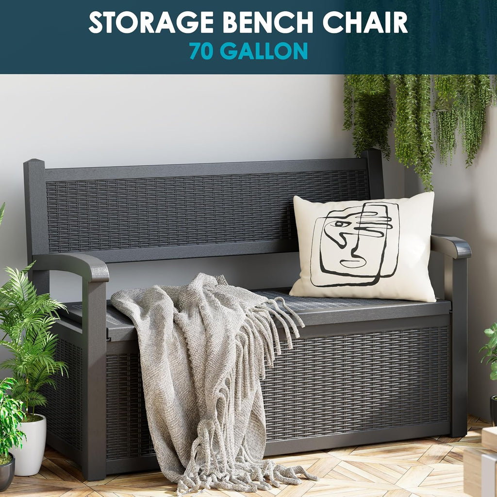 LHBGO 70 Gallon Storage Bench Deck Box for Patio Furniture with Armrest Bench Outdoor Storage