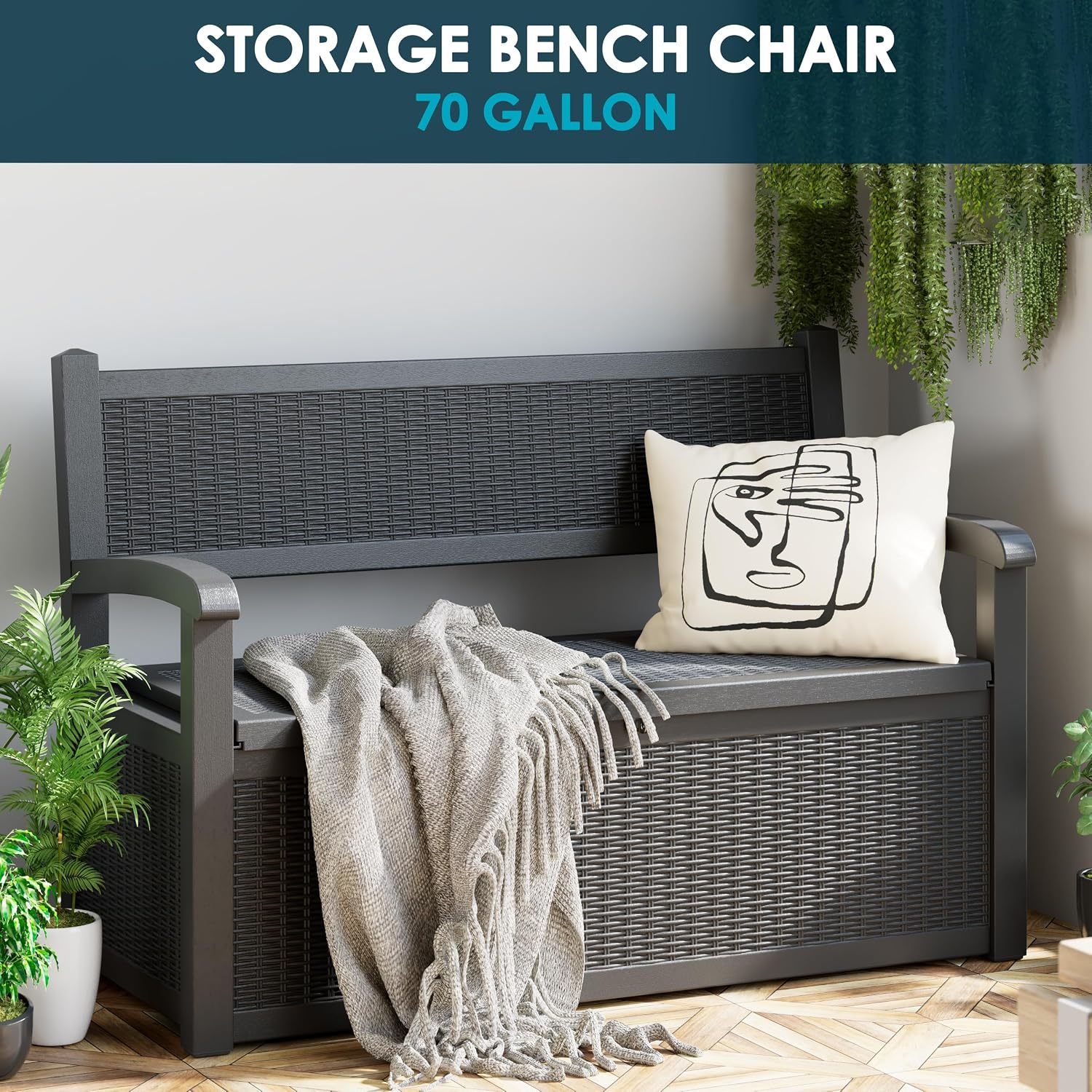 LHBGO 70 Gallon Storage Bench Deck Box for Patio Furniture with Armrest Bench Outdoor Storage