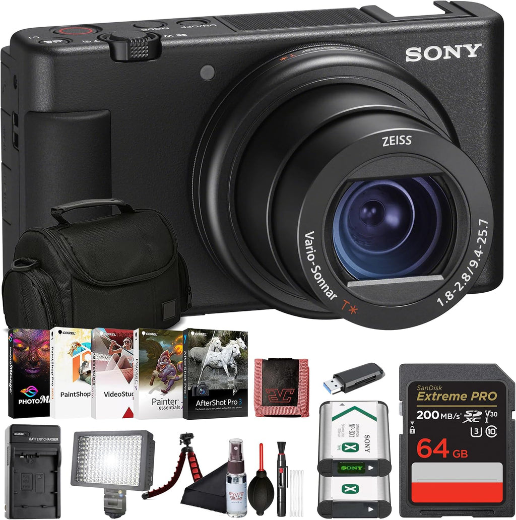 Sony ZV-1 Digital Vlogging Camera Black (DCZV1/B) – 20.1 MP 1' Sensor, 24–70 mm ZEISS Lens, 4K HDR Video, Flip Screen w/ 64GB Card, Photo Software, NP-BX1 Battery, Card Reader, LED Light and More