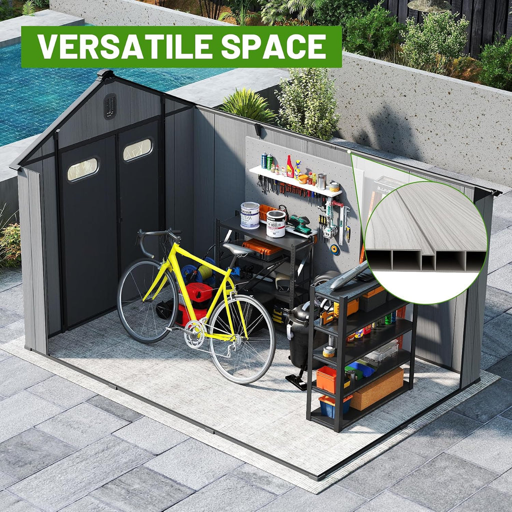 8X12FT Outdoor Resin Storage Shed Waterproof, Waterproof Plastic Garden Shed with Lockable Door, Windows & Vents, Outside Tool Storage Shed for Patio Furniture, Lawn Mower