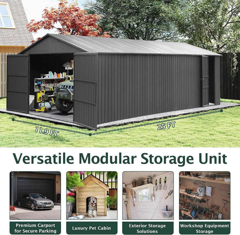 Domi 12'x25' Outdoor Metal Garage Shed, Weatherproof Enclosed Carport with Sidewalls & 2 Lockable Doors, Extra Large Backyard Storage Shed for Car, Truck,Lawn Mower, 80MPH Wind Resistance, Dark Grey