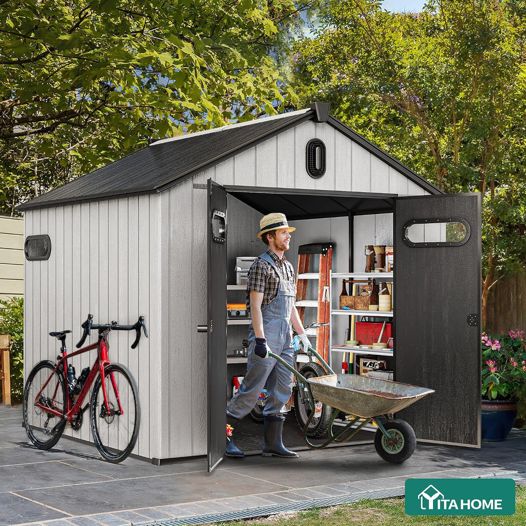 YITAHOME 8x8ft Outdoor Plastic Storage Shed with Floor, Extra Thick Waterproof Garden Shed with Lockable Door, Oval Vision Windows &Vents, 16mm Heavy Duty Tool Storage for Patio, Lawn, Bikes, Gray