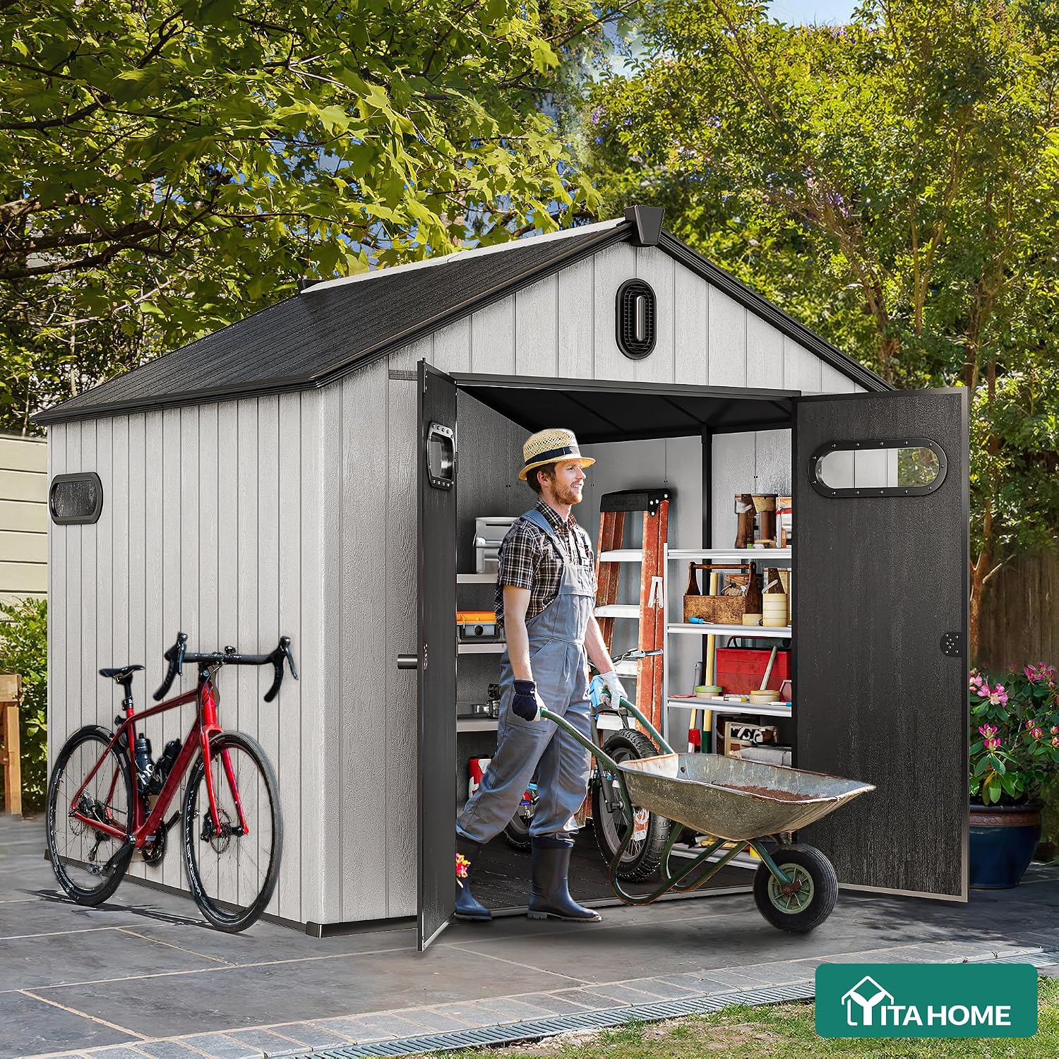 YITAHOME 8x8ft Outdoor Plastic Storage Shed with Floor, Extra Thick Waterproof Garden Shed with Lockable Door, Oval Vision Windows &Vents, 16mm Heavy Duty Tool Storage for Patio, Lawn, Bikes, Gray