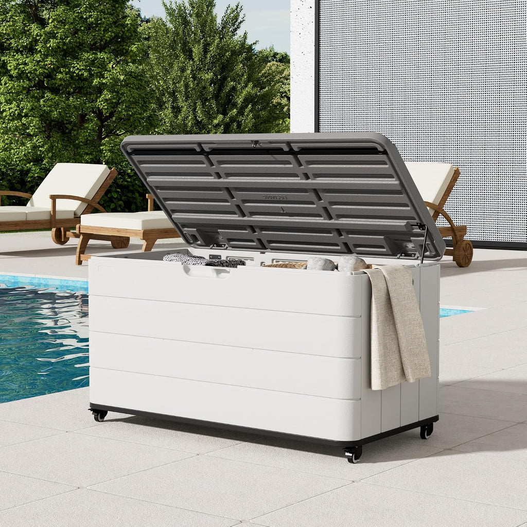 Mrosaa 110 Gallon Deck Box Waterproof with Wheels - Mobile Double-Wall Resin Outdoor Storage Box for Patio, Pool, & Garden - Lockable Deck Storage for Cushions, Pool Floats, Boat Slip (Off-White)