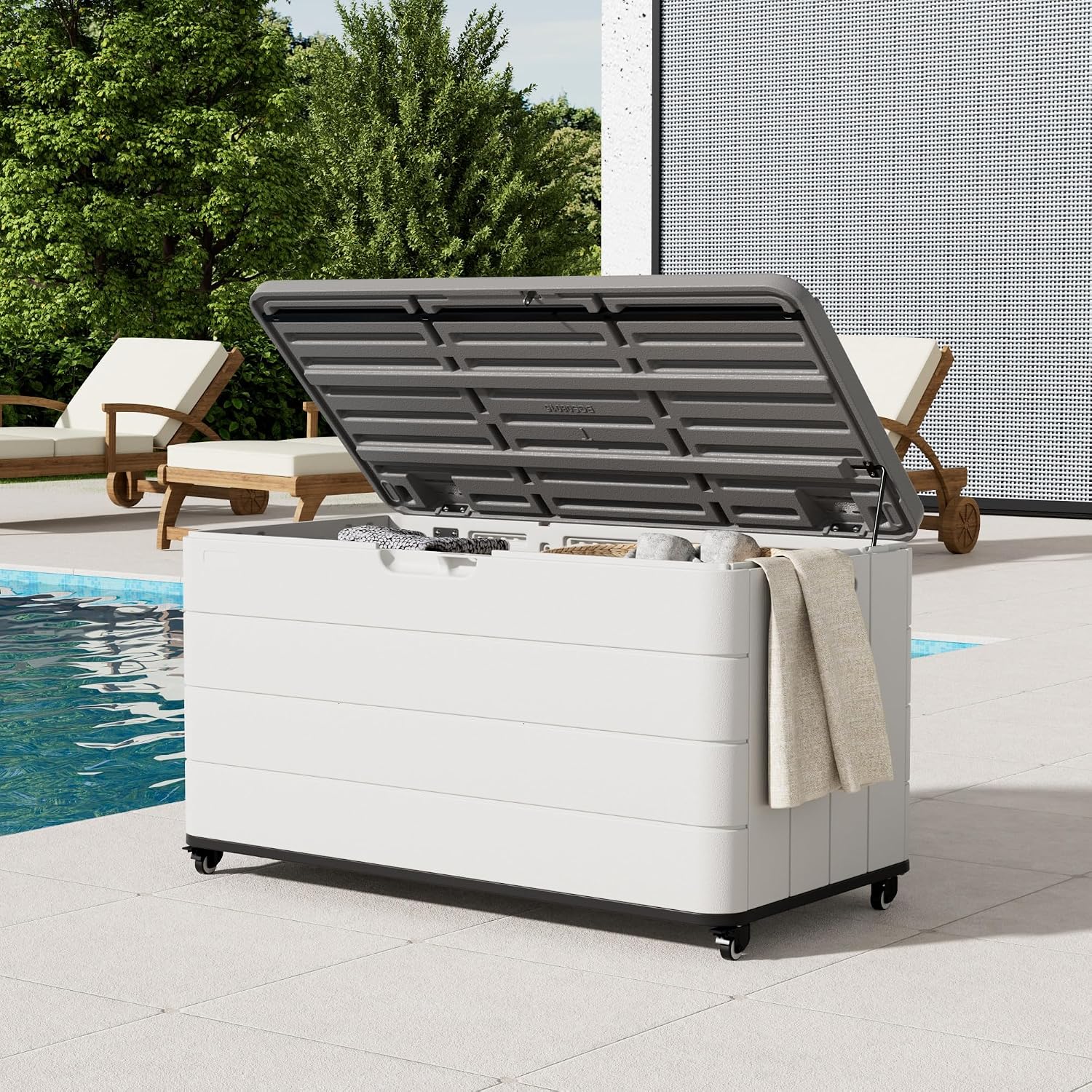 Mrosaa 110 Gallon Deck Box Waterproof with Wheels - Mobile Double-Wall Resin Outdoor Storage Box for Patio, Pool, & Garden - Lockable Deck Storage for Cushions, Pool Floats, Boat Slip (Off-White)