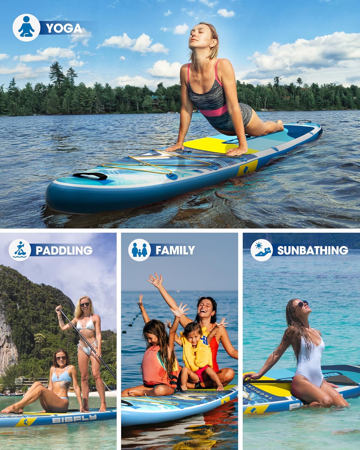 Bigfly Inflatable Stand Up Paddle Board 11'*34'*6', Blow Up Paddle Board for Adults,with Detachable Fins, Pump, Floating Paddle, Safety Leash,Backpack