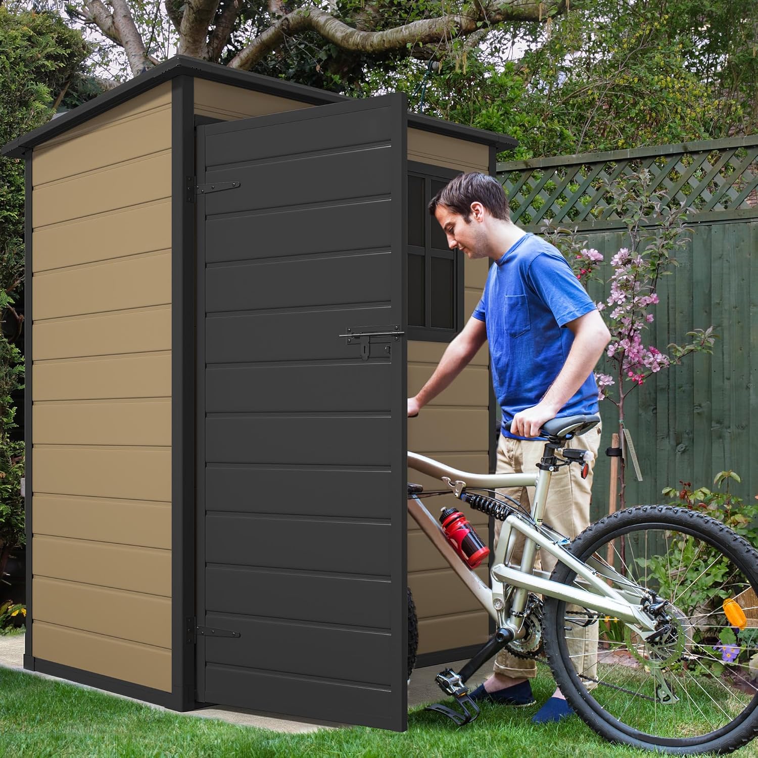 DWVO 5x3 FT Outdoor Storage Shed with Floor, All-Weather Resin Storage Shed with Lockable Door & Window, Waterproof Plastic Tool Storage for Garden, Backyard, Patio, Lawn, Brown