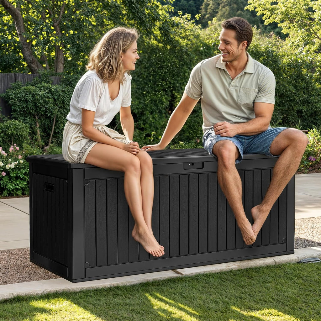 DWVO 320 Gallon Resin Outdoor Storage Box, XXL Double-Wall Waterproof Deck Box with Divider, Doubles as Table or Seating with 1000 lbs Capacity, Lockable (Black)