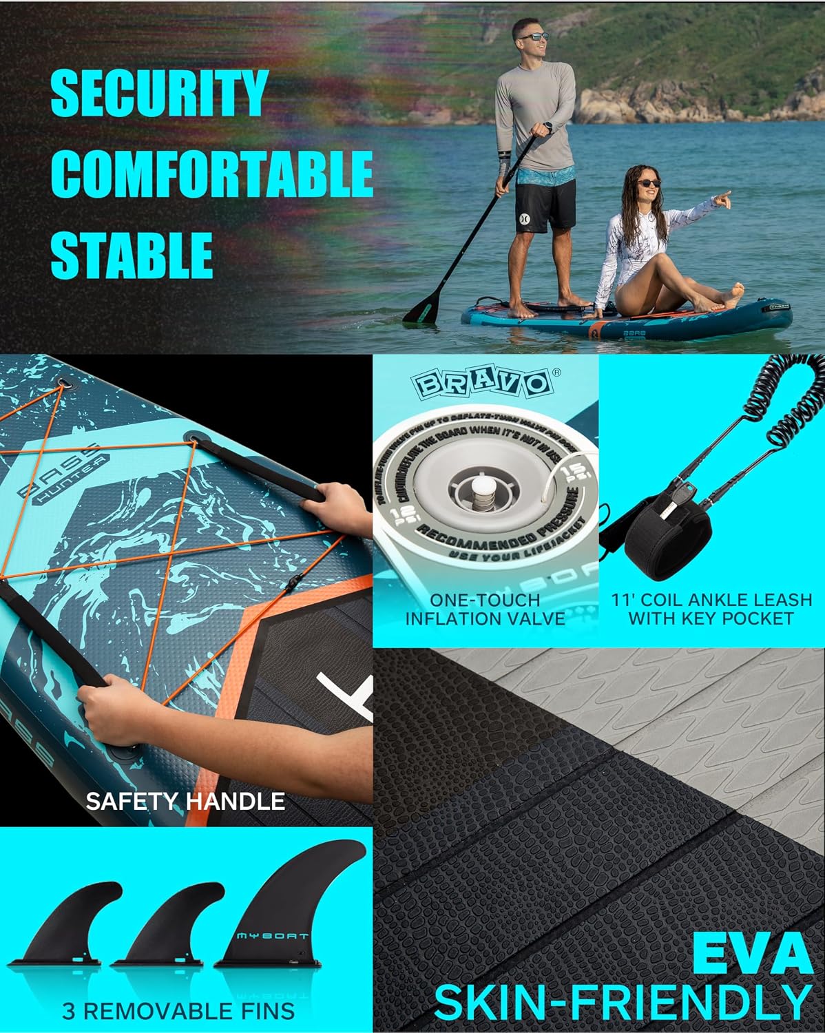 MYBOAT 11'6'×34'×6' Extra Wide Inflatable Paddle Board, Stand Up Paddle Board for Fishing, Sup Board with 3 Removable Fins, Dual Bungees, Camera Mount, Hand Pump, Strong Paddle,Leash