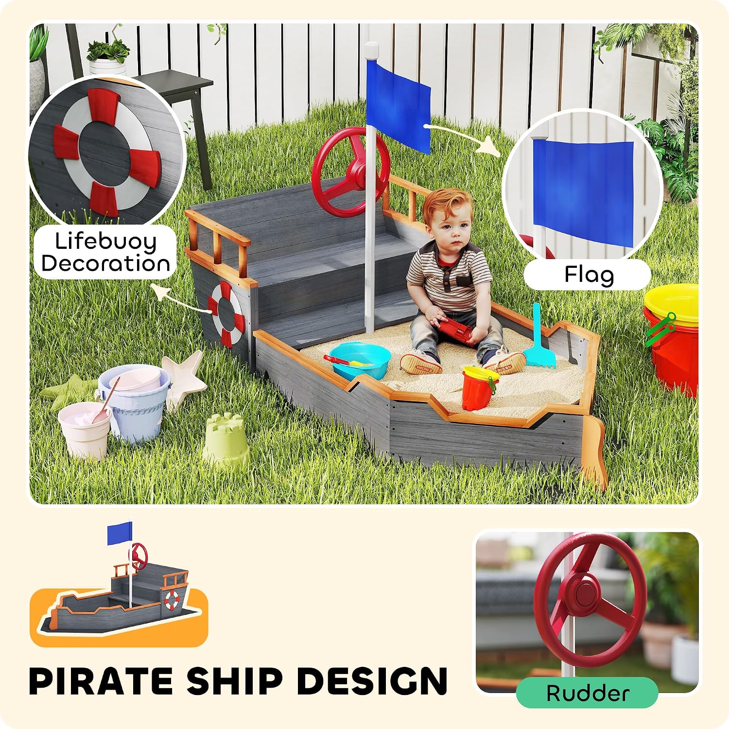 Outsunny Wooden Kids Sandbox, Ship-Shape Outdoor Sandboat with Bench Seats, Storage, Non-Woven Fabric Cloth for Backyard, Lawn, Dark Gray