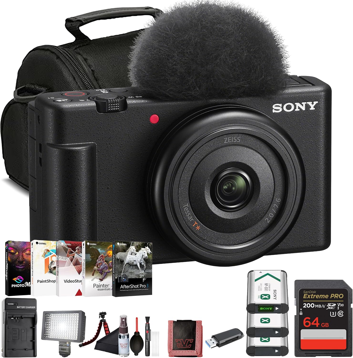 Sony ZV-1F Vlogging Camera (Black) 20.1 MP 1' Sensor | Ultra-Wide 20mm Lens |4K Video | Compact Creator Kit with Case, 64GB Card, 2 x NP-BX1 Battery, Card Reader, Photo Software, HDMI Cable and More