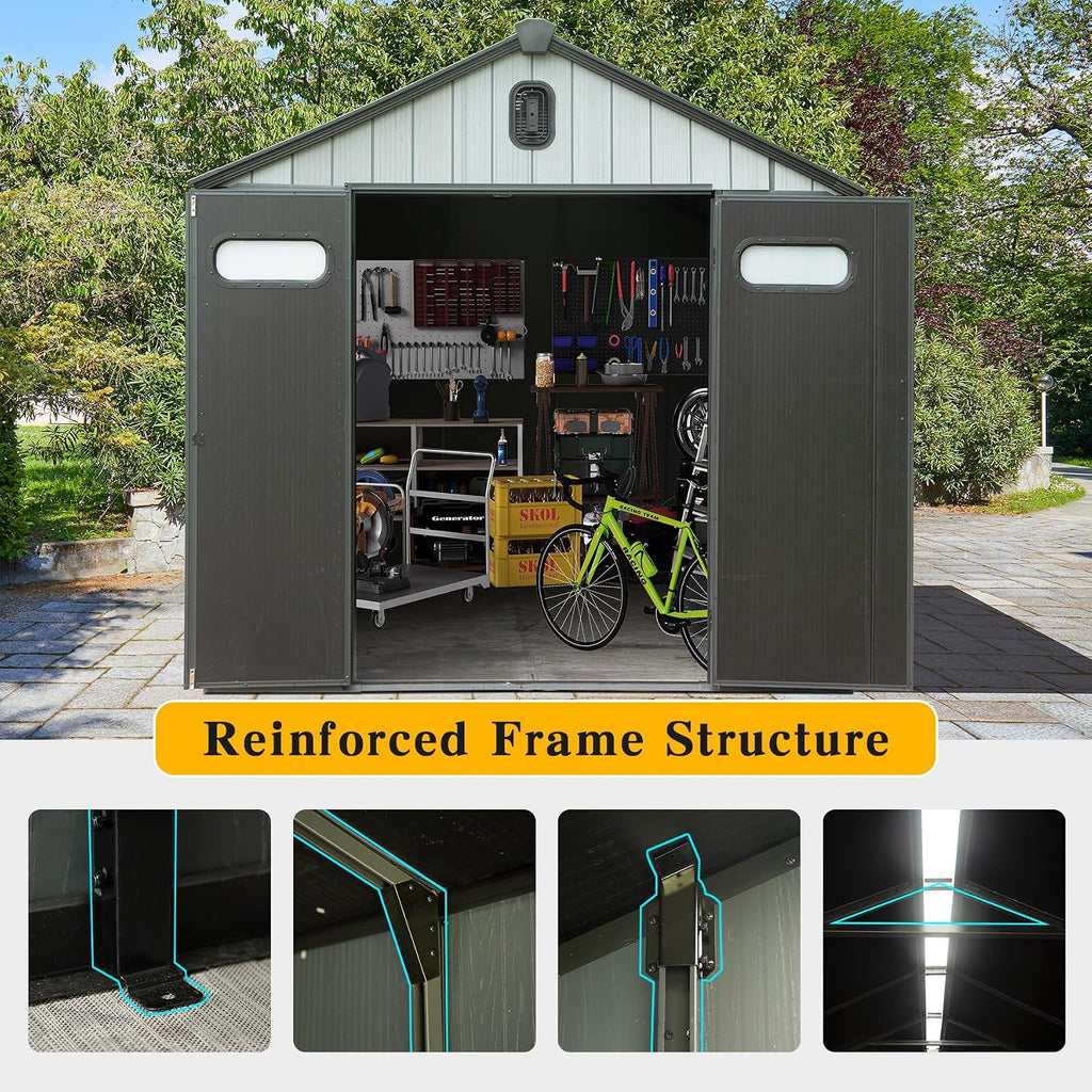 Domi 8x8FT Resin Outdoor Storage Shed with Lockable Door, Waterproof Outside Sheds with Windows & Vents, Heavy-Duty Plastic Tool Storage Shed for Patio Furniture, Lawn Mower, Bike