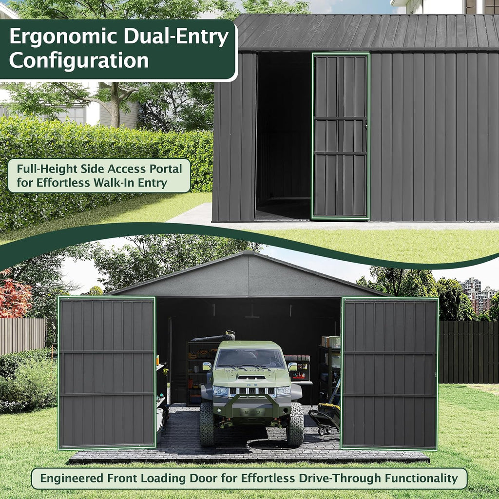 Domi 12'x25' Outdoor Metal Garage Shed, Weatherproof Enclosed Carport with Sidewalls & 2 Lockable Doors, Extra Large Backyard Storage Shed for Car, Truck,Lawn Mower, 80MPH Wind Resistance, Dark Grey