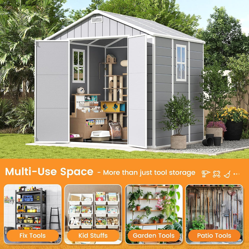 UDPATIO Resin Storage Shed 8 x 6 FT, Outdoor Garden Sheds with Floor Plastic Patio Outdoor Storage Shed with Lockable Door, Gray White