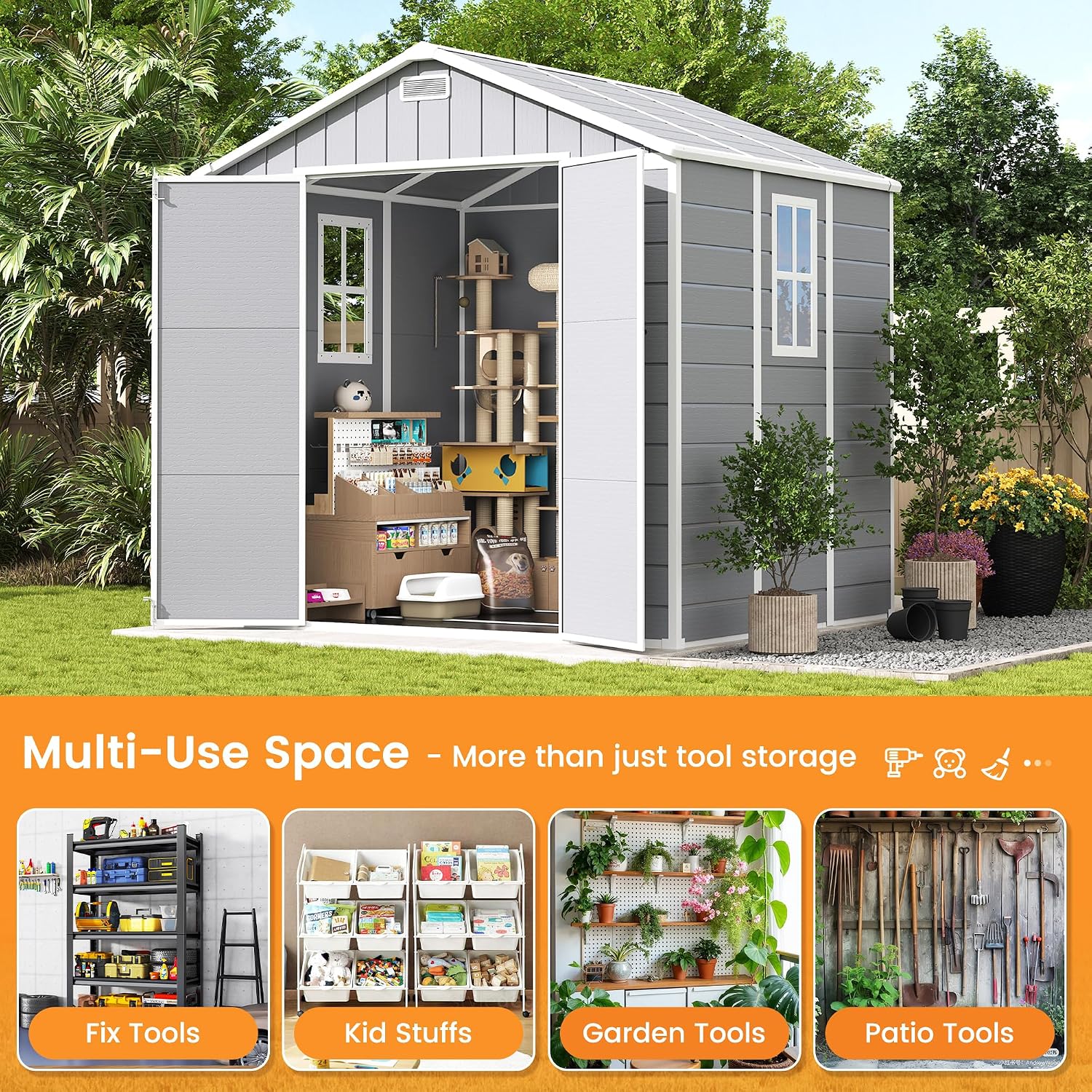 UDPATIO Resin Storage Shed 8 x 6 FT, Outdoor Garden Sheds with Floor Plastic Patio Outdoor Storage Shed with Lockable Door, Gray White