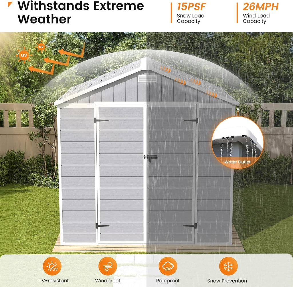 UDPATIO Resin Storage Shed 8 x 6 FT, Outdoor Garden Sheds with Floor Plastic Patio Outdoor Storage Shed with Lockable Door, Gray White