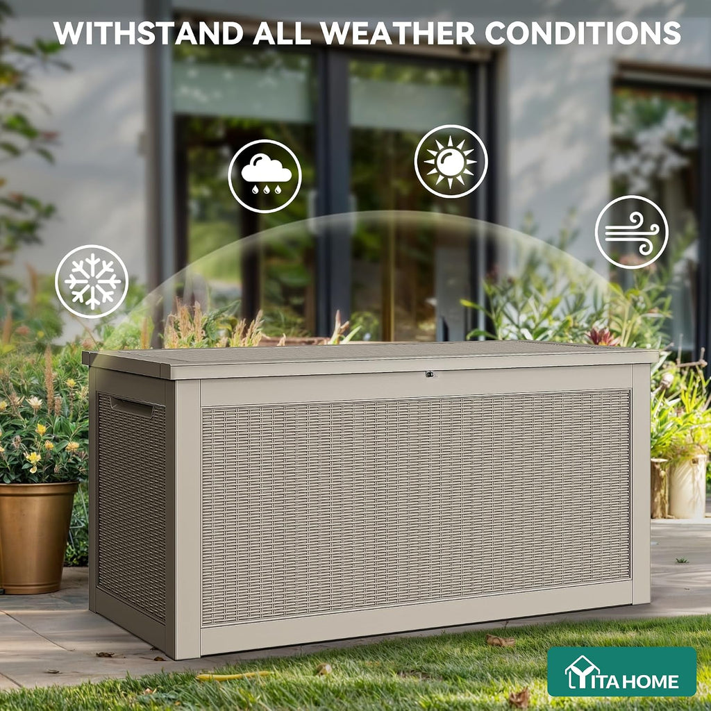 YITAHOME XXL 320 Gal Large Deck Box, Outdoor Resin Storage Box, Rattan Storage Container for Patio Furniture, Garden Tools, Waterproof, Lockable (Brown)
