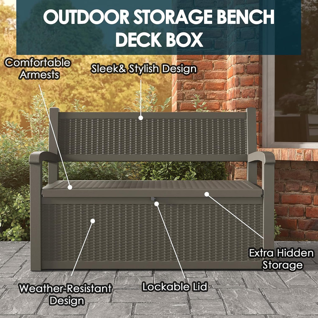 LHBGO 70 Gallon Storage Bench Deck Box for Patio Furniture with Armrest Bench Outdoor Storage